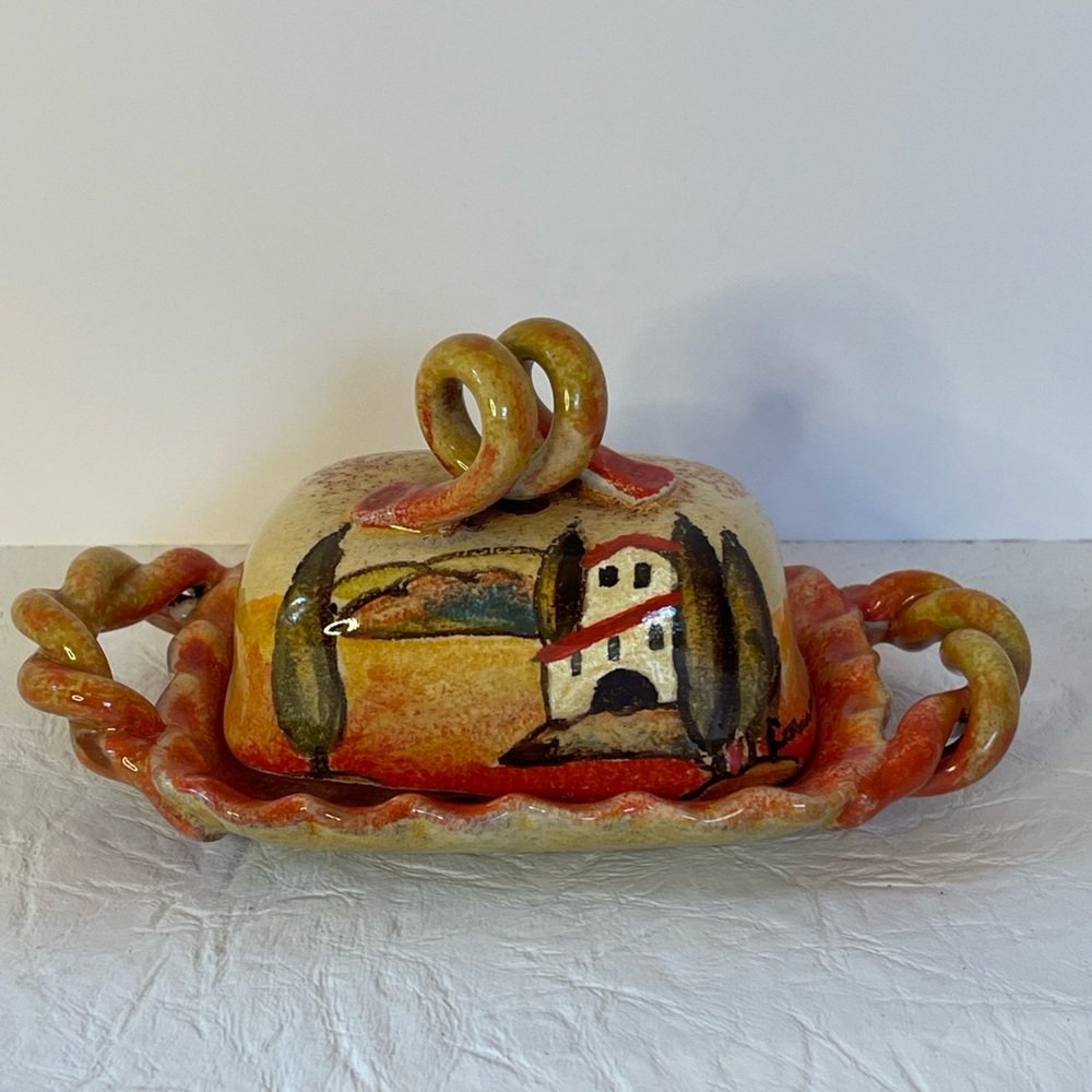 Hand Painted Italian Ceramic Covered Butter Dish with Tuscany Design